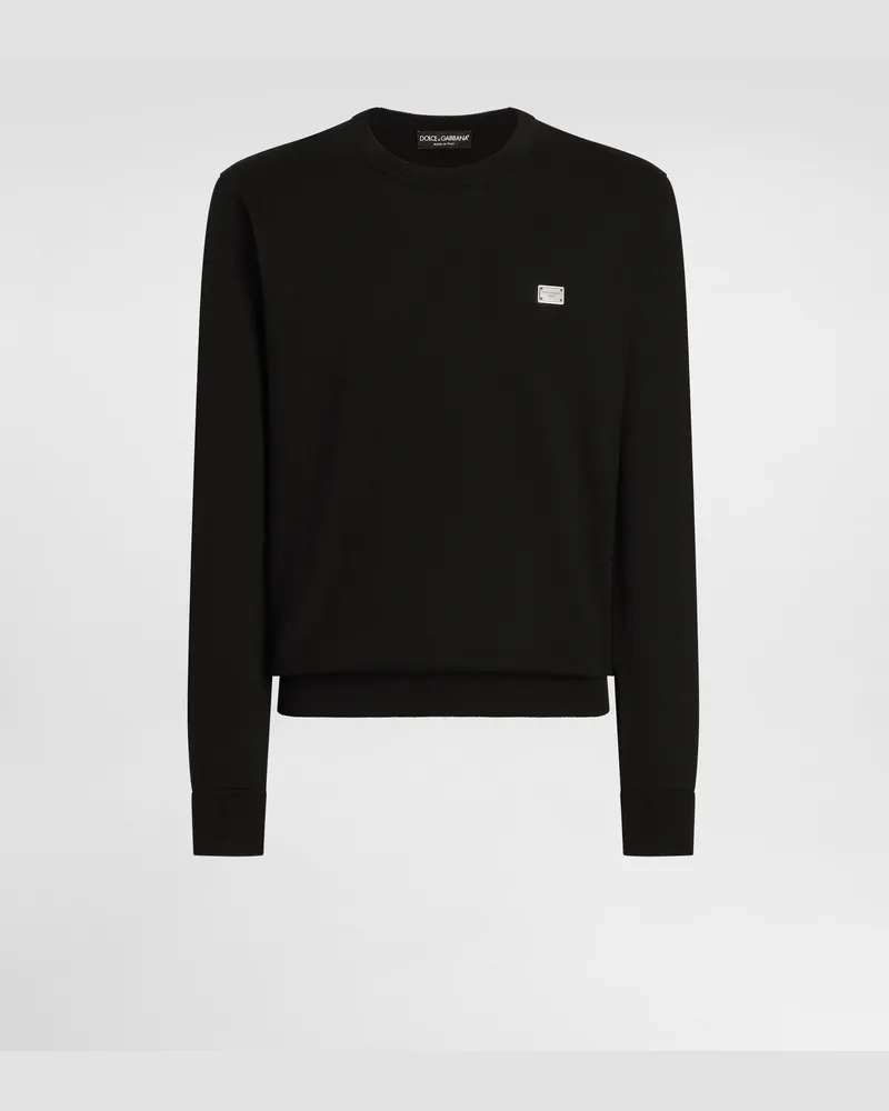 Dolce & Gabbana Rundhalspullover Aus Baumwolle Mit Plakette - Mann Strickwaren Schwarz Schwarz