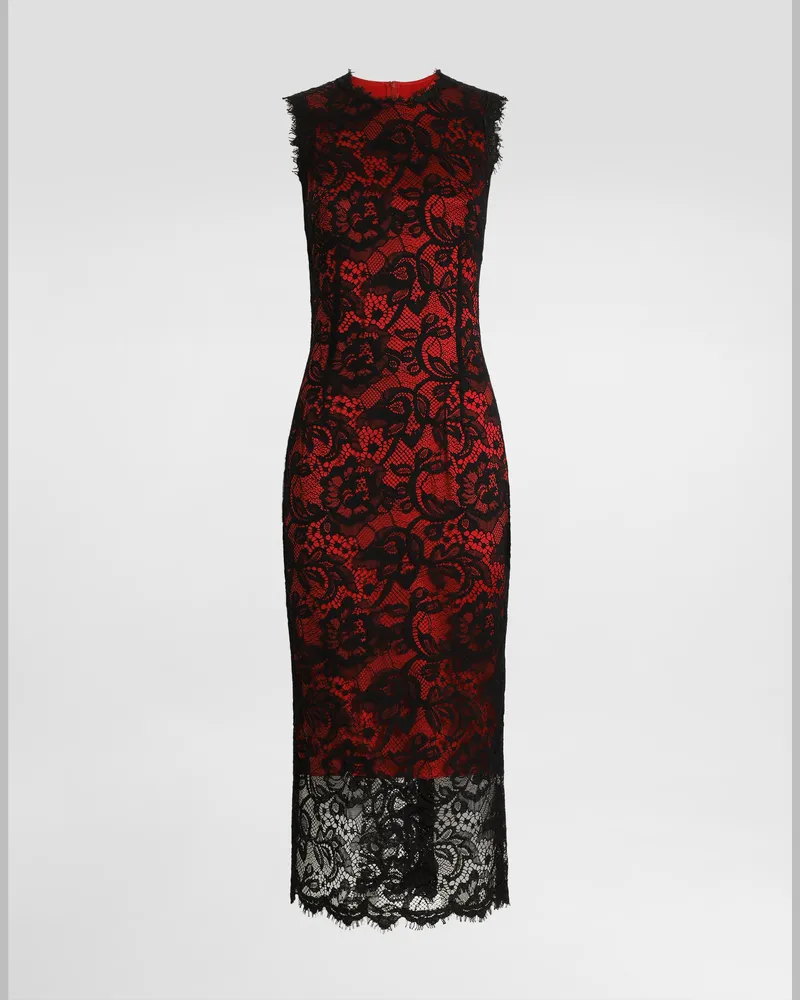 Dolce & Gabbana Longuette-schlauchkleid Aus Floraler Spitze Mit Kontrastierendem Futter - Frau Kleider Schwarz Schwarz