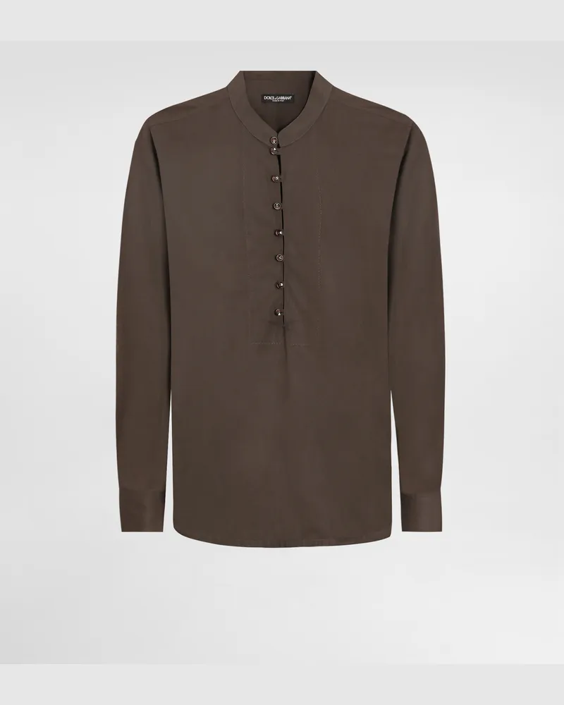Dolce & Gabbana Mandarin Shirt In Cotton Canvas - Mann Hemden Braun Brown
