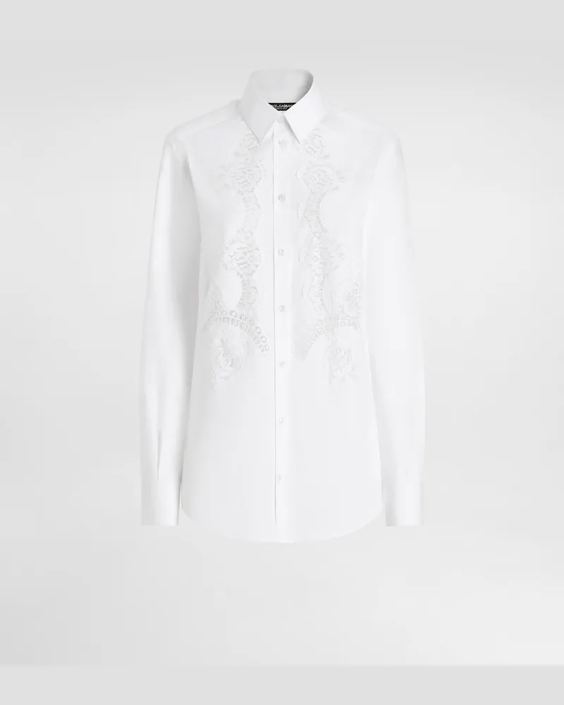 Dolce & Gabbana Bluse Aus Baumwollpopeline Mit Spitzeneinsatz - Frau Blusen Und Tops Wei� Baumwolle Weiss