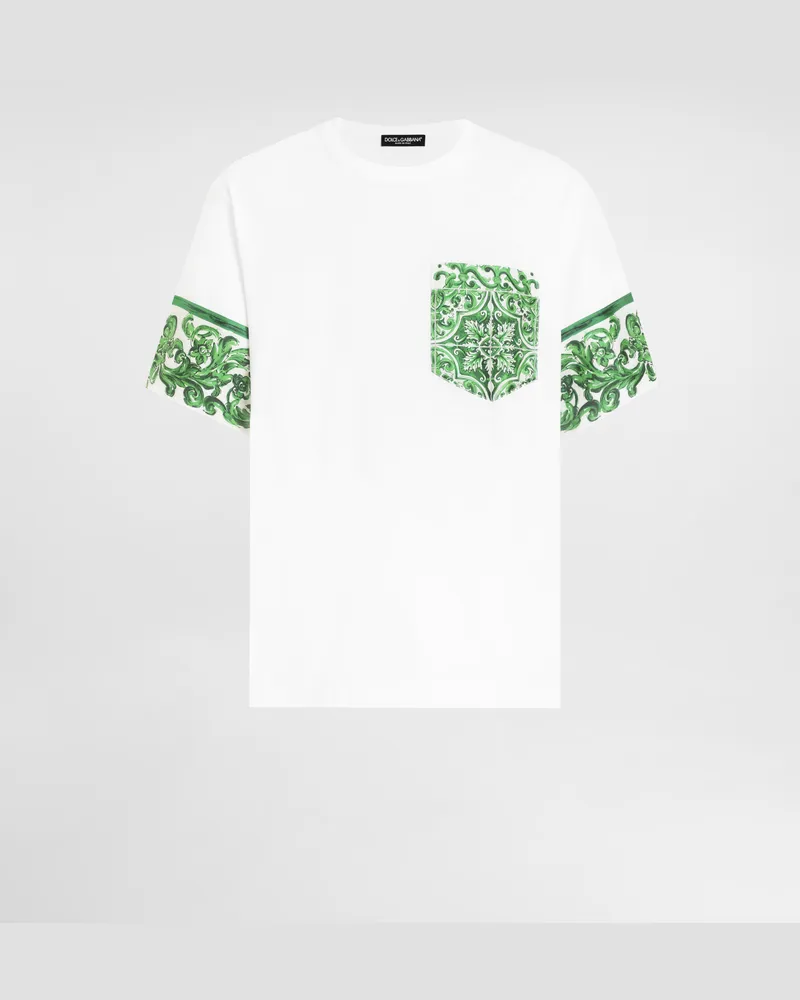 Dolce & Gabbana T-shirt Aus Baumwolle Mit Brusttasche Im Majolika-print - Mann T-shirts Und Polos Wei Weiss