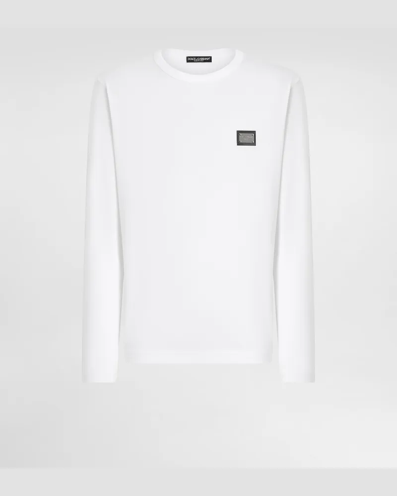 Dolce & Gabbana Langarm-t-shirt Mit Logoplakette - Mann T-shirts Und Polos Wei� Baumwolle Weiss