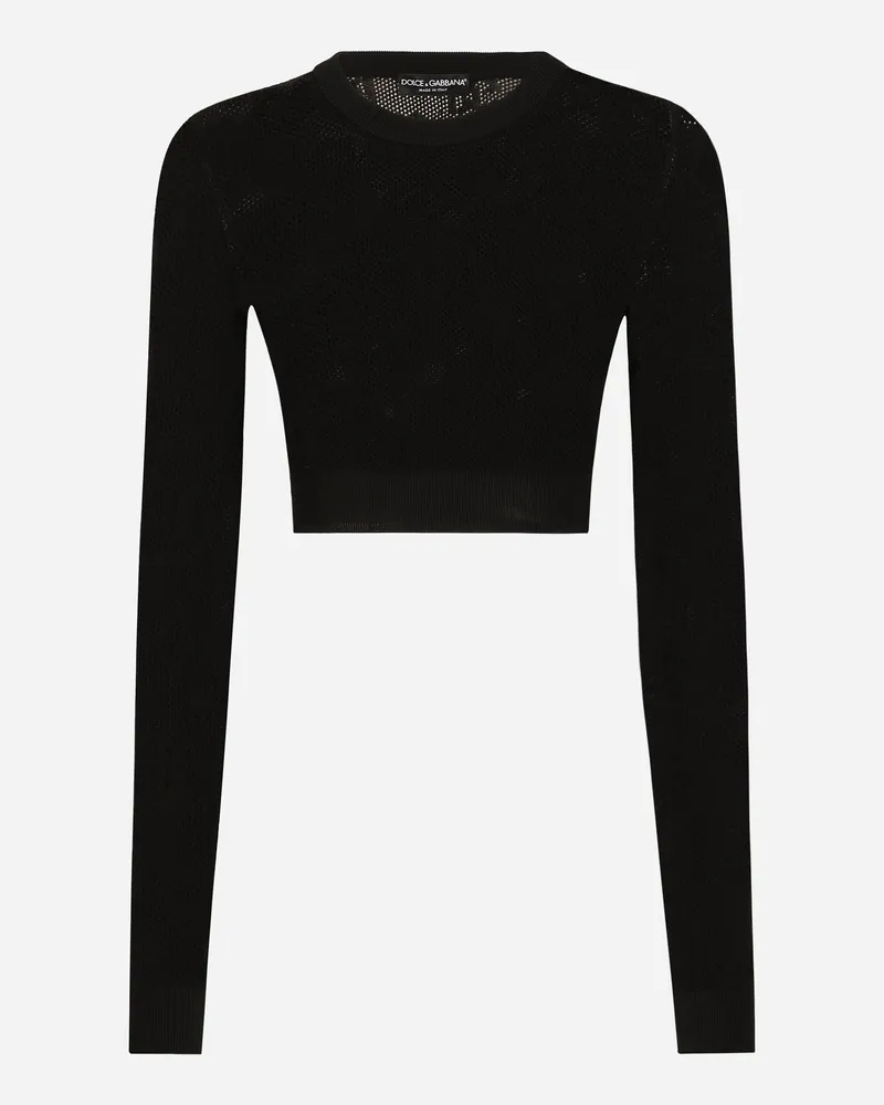 Dolce & Gabbana Kurzpullover Im Netzmuster Aus Viskose Dg-jacquardlogo - Frau Strickwaren Schwarz Schwarz