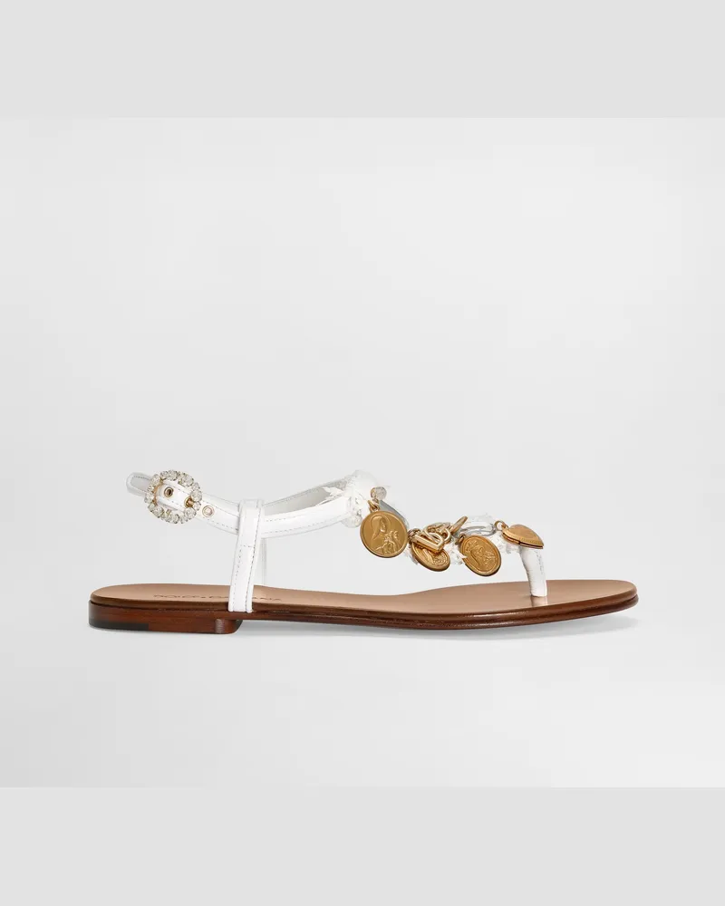 Dolce & Gabbana Zehenstegsandale Aus Bast Mit Votivmedaillons Bestickt - Frau Flat Wei Weiss