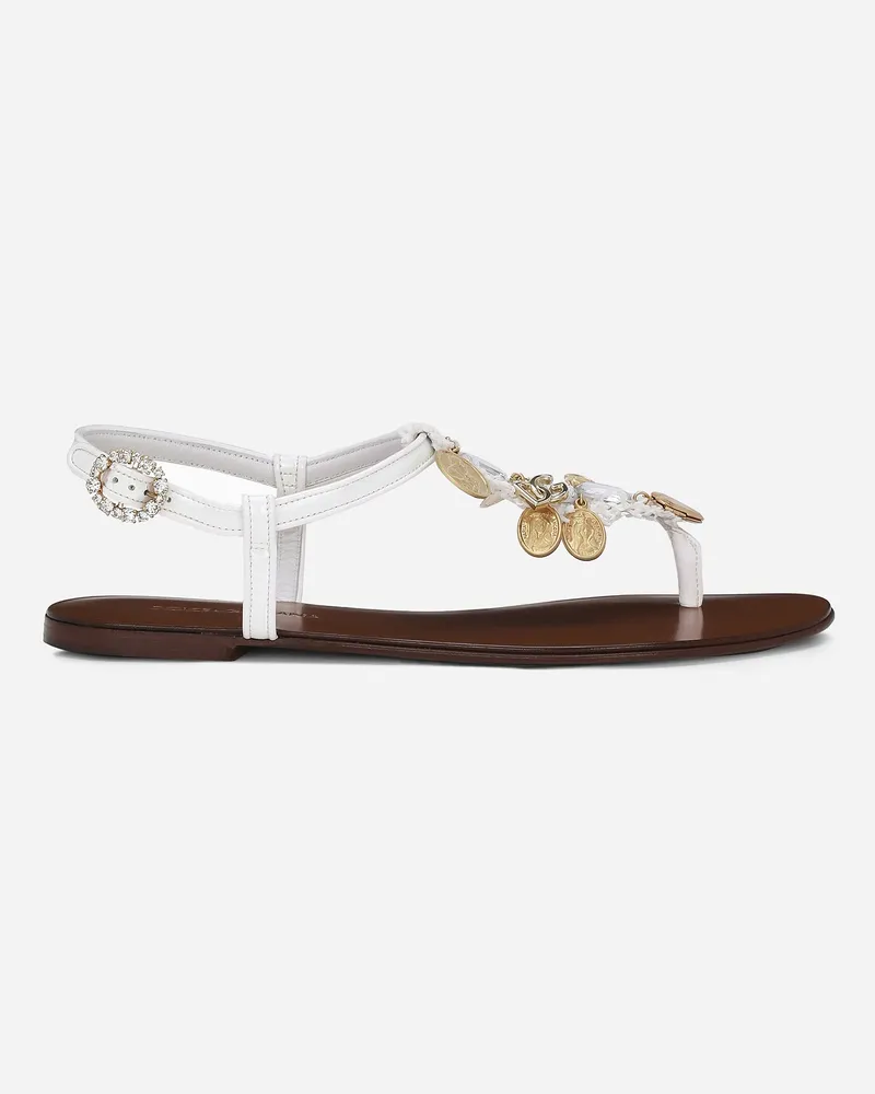 Dolce & Gabbana Zehenstegsandale Aus Bast Mit Votivmedaillons Bestickt - Frau Flat Wei Weiss