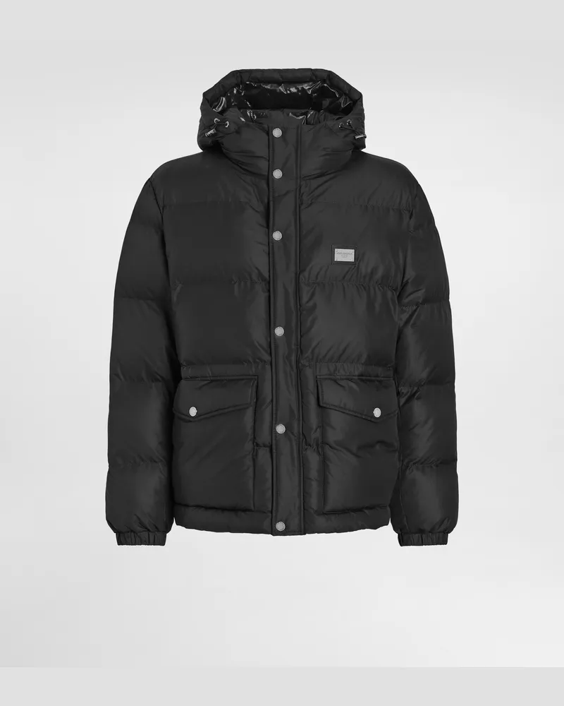 Dolce & Gabbana Nylon-daunenjacke Mit Kapuze Und Logoplakette - Mann Mäntel Und Jacken Schwarz Nylon Schwarz