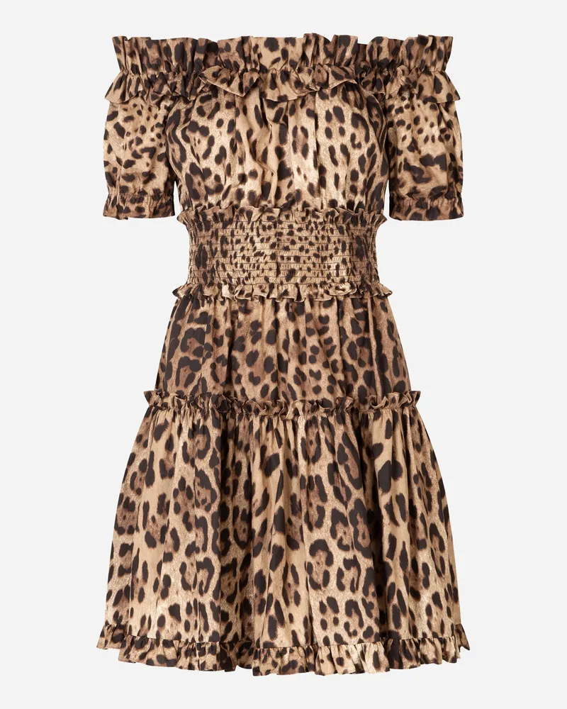 Dolce & Gabbana Kurzes Kleid Aus Popeline Leoprint - Frau Kleider Animalprint Animal-print