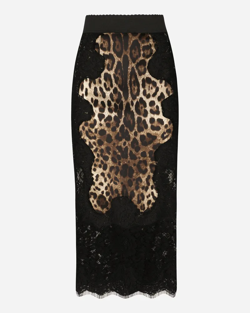 Dolce & Gabbana Midirock Aus Leoprint-satin Mit Einsätzen Aus Spitze - Frau Röcke Animalprint Baumwolle Animal-print