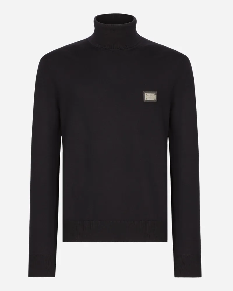Dolce & Gabbana Rollkragenpullover Wolle Mit Logoplakette - Mann Strickwaren Blau Wolle Blau