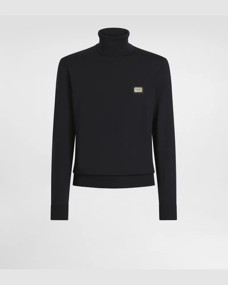 Dolce & Gabbana Rollkragenpullover Wolle Mit Logoplakette - Mann Strickwaren Blau Wolle Blau