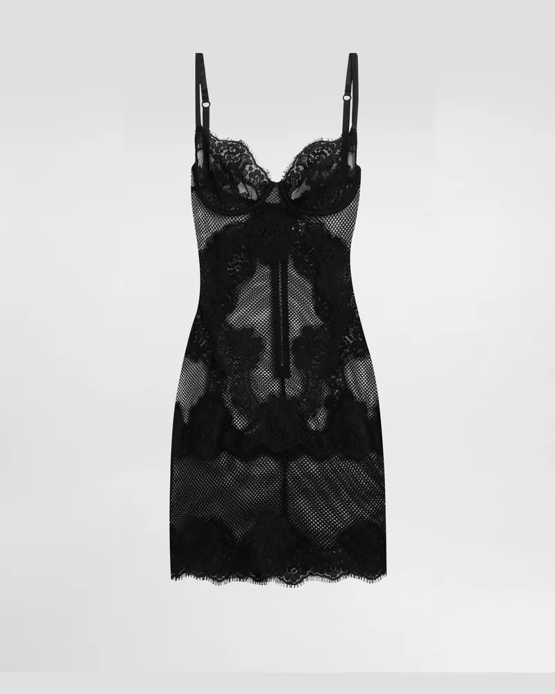 Dolce & Gabbana Short Mesh Dress With Lace - Frau Kleider Schwarz Black