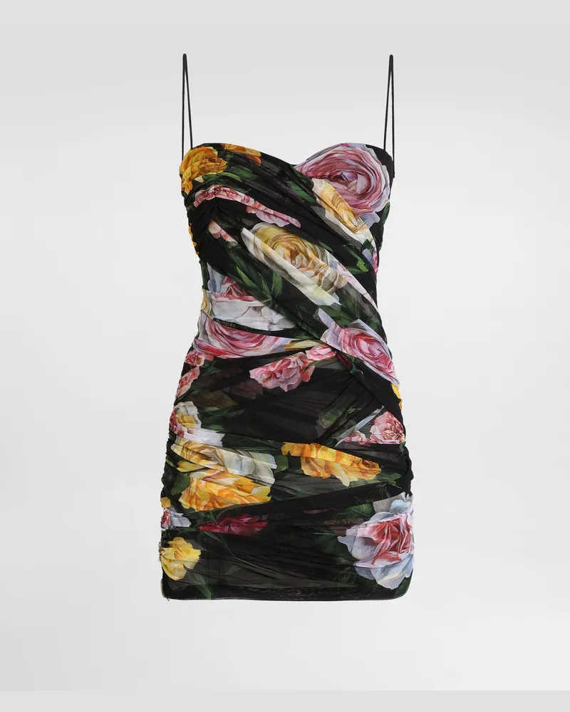 Dolce & Gabbana Kurzes Kleid Aus Drapiertem Tüll Pfingstrosen- Und Rosenprint - Frau Kleider Drucken Drucken