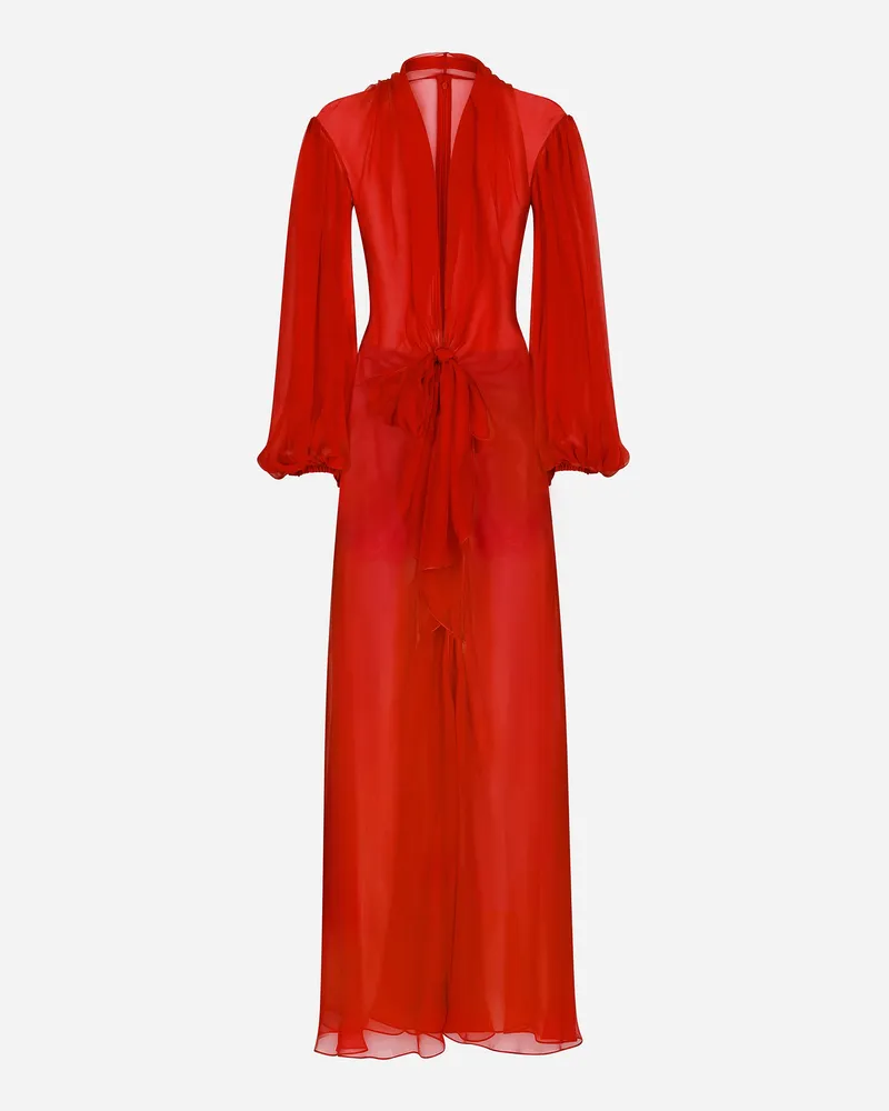 Dolce & Gabbana Langes Kleid Aus Seidenchiffon Mit Schleife - Frau Kleider Bordeaux Seide Burgunderrot