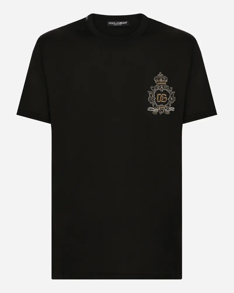 Dolce & Gabbana Baumwoll-t-shirt Mit Dg-wappenpatch - Mann T-shirts Und Polos Schwarz Baumwolle Schwarz