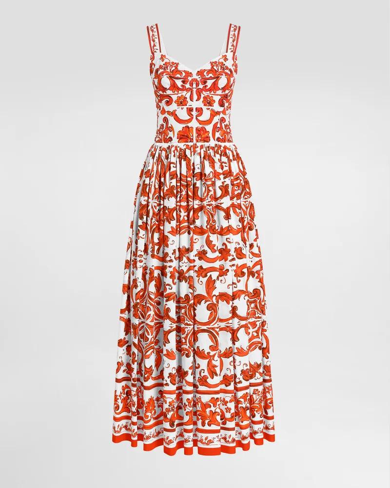 Dolce & Gabbana Langes Kleid Aus Popeline Mit Majolika-print - Frau Kleider Mehrfarbig Mehrfarbig