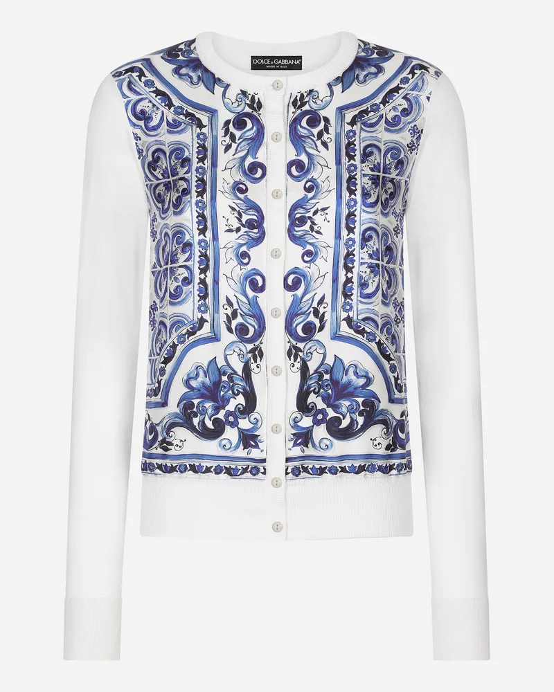 Dolce & Gabbana Cardigan Aus Seide Und Twill Majolika-print - Frau Strickwaren Blau Seide Mehrfarbig