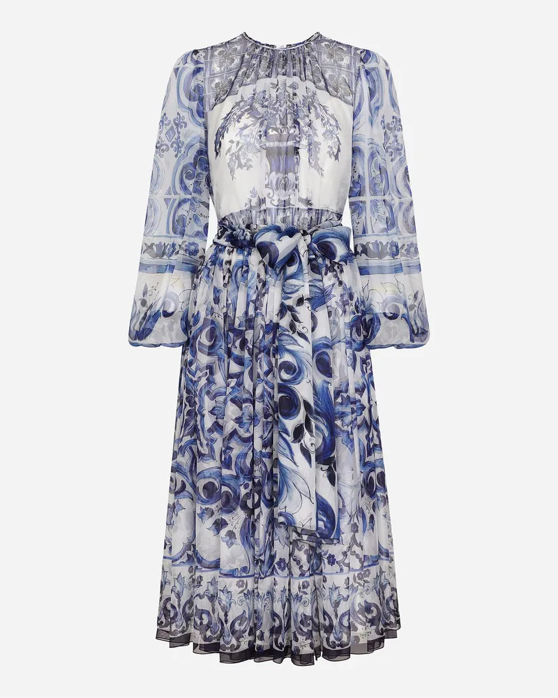Dolce & Gabbana Midikleid Aus Chiffon Majolika-print - Frau Kleider Blau Seide Mehrfarbig