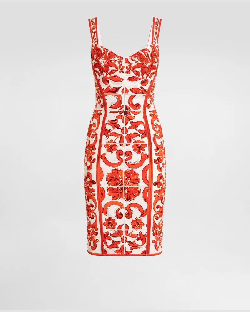 Dolce & Gabbana Kurzes Kleid Aus Charmeuse Mit Majolika-print - Frau Kleider Mehrfarbig Mehrfarbig