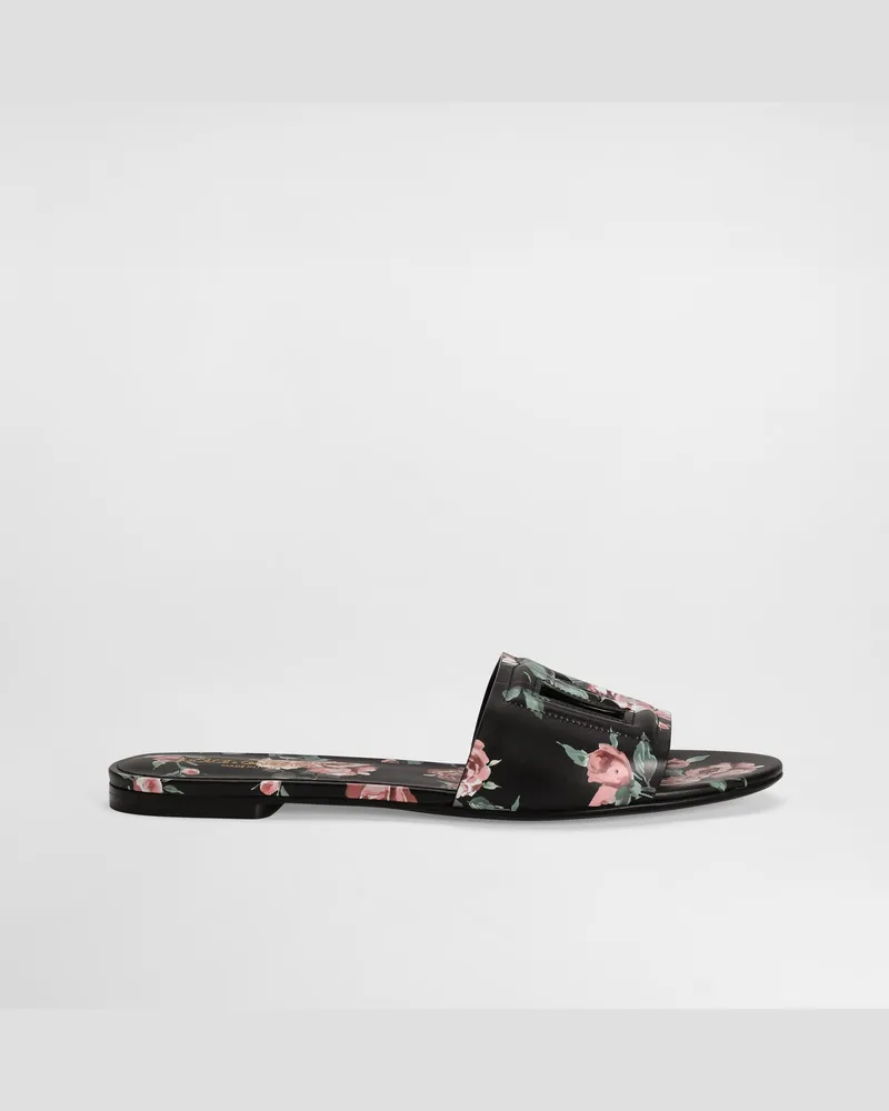 Dolce & Gabbana Flache Pantolette Aus Kalbsleder Mit Rosen-print - Frau Pantoletten Und Mules Mehrfarbig Mehrfarbig
