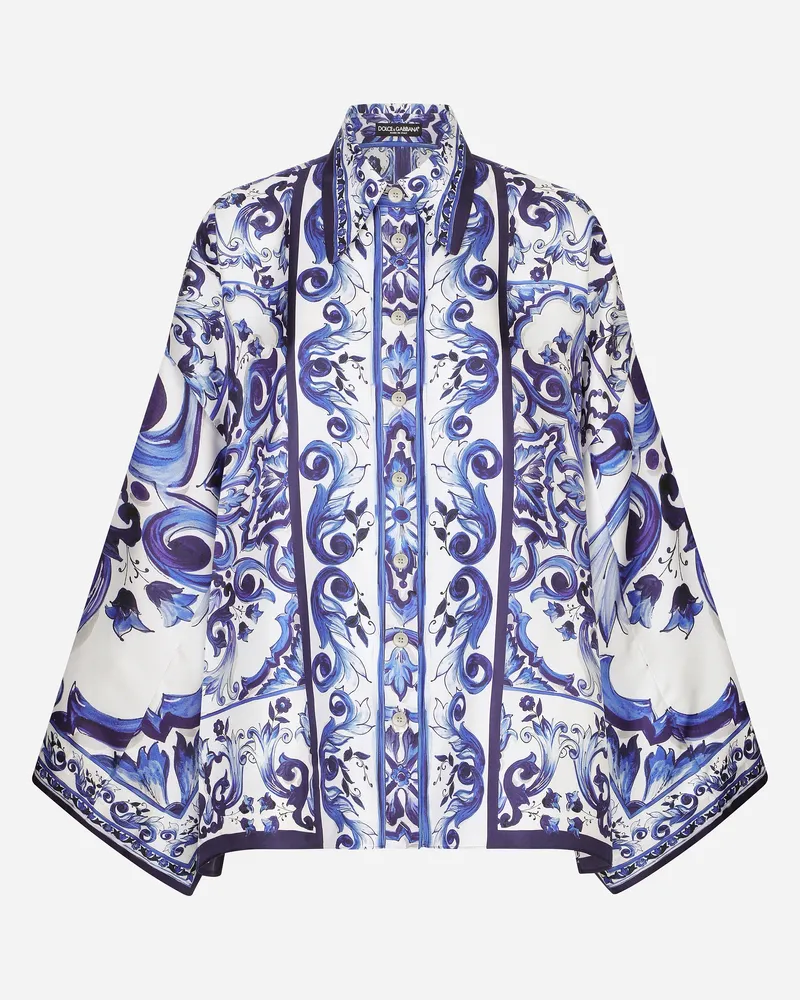 Dolce & Gabbana Bluse Aus Twill Majolika-print Mit Schlitzen - Frau Blusen Und Tops Blau Seide Mehrfarbig