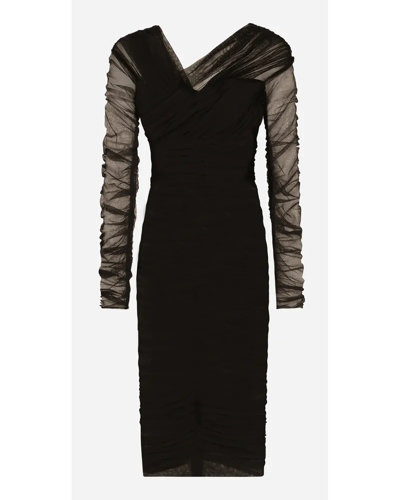 Dolce & Gabbana Drapiertes Longuette-Kleid aus Baumwolltüll Schwarz