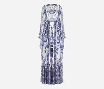 Langes Kleid Aus Chiffon Majolika-print - Frau Kleider Blau Seide