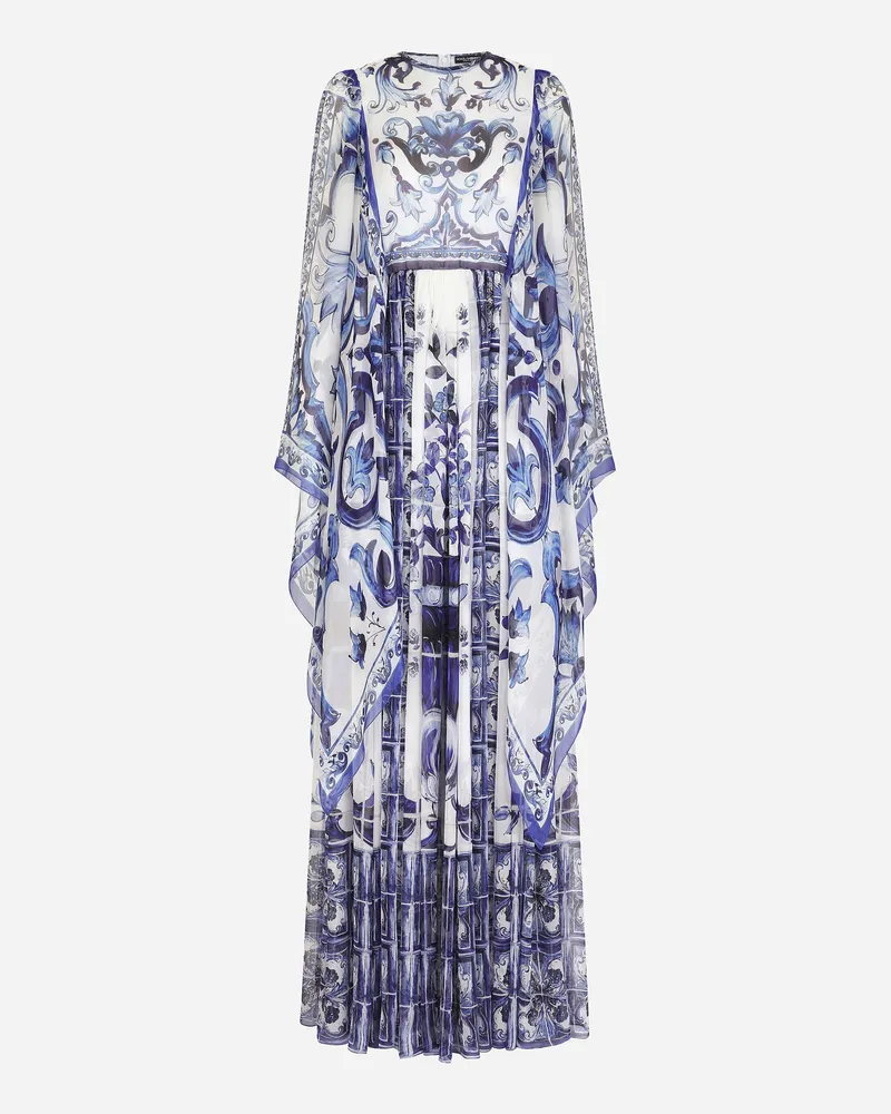 Dolce & Gabbana Langes Kleid Aus Chiffon Majolika-print - Frau Kleider Blau Seide Mehrfarbig