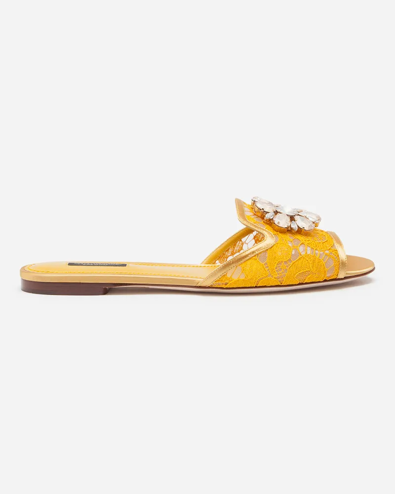 Dolce & Gabbana Sandale Aus Spitze Mit Kristallen - Frau Pantoletten Und Mules Gelb Spitze Gelb