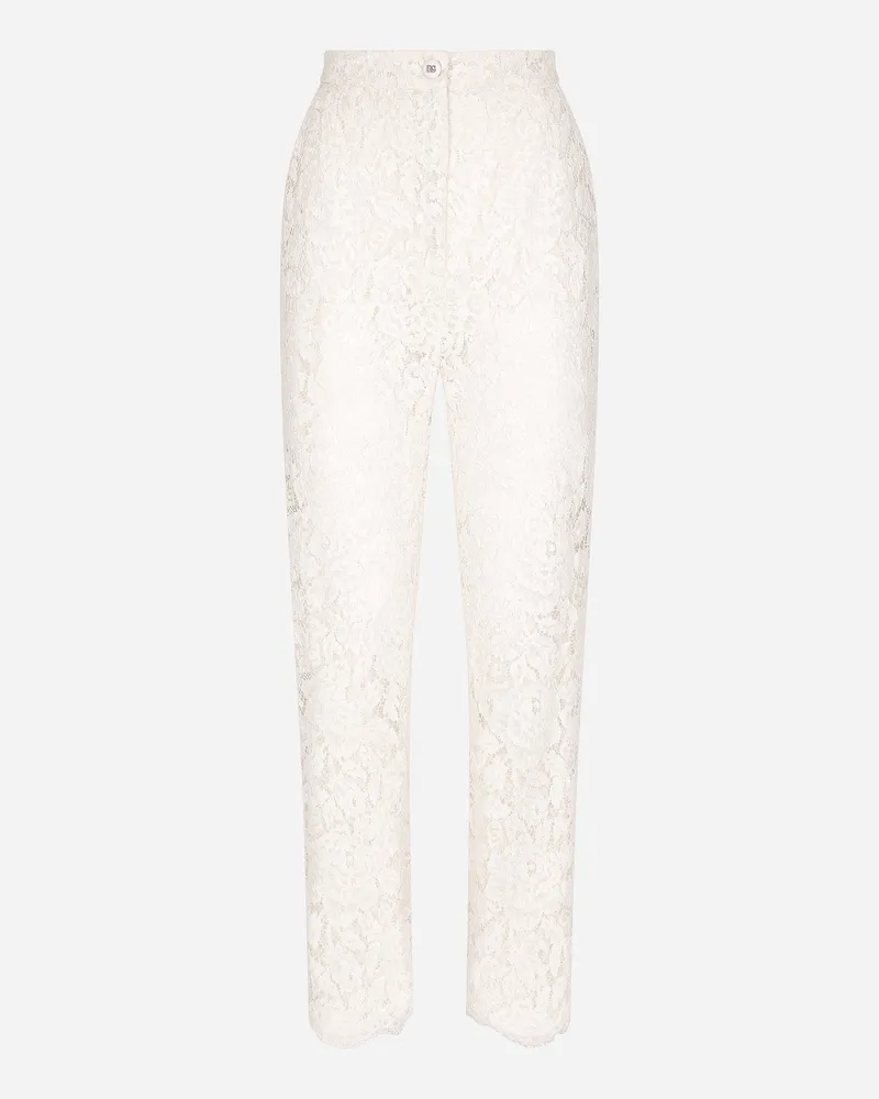 Dolce & Gabbana Hose Aus Elastischer Spitze Mit Logo - Frau Hosen Und Shorts Wei� Spitze Weiss