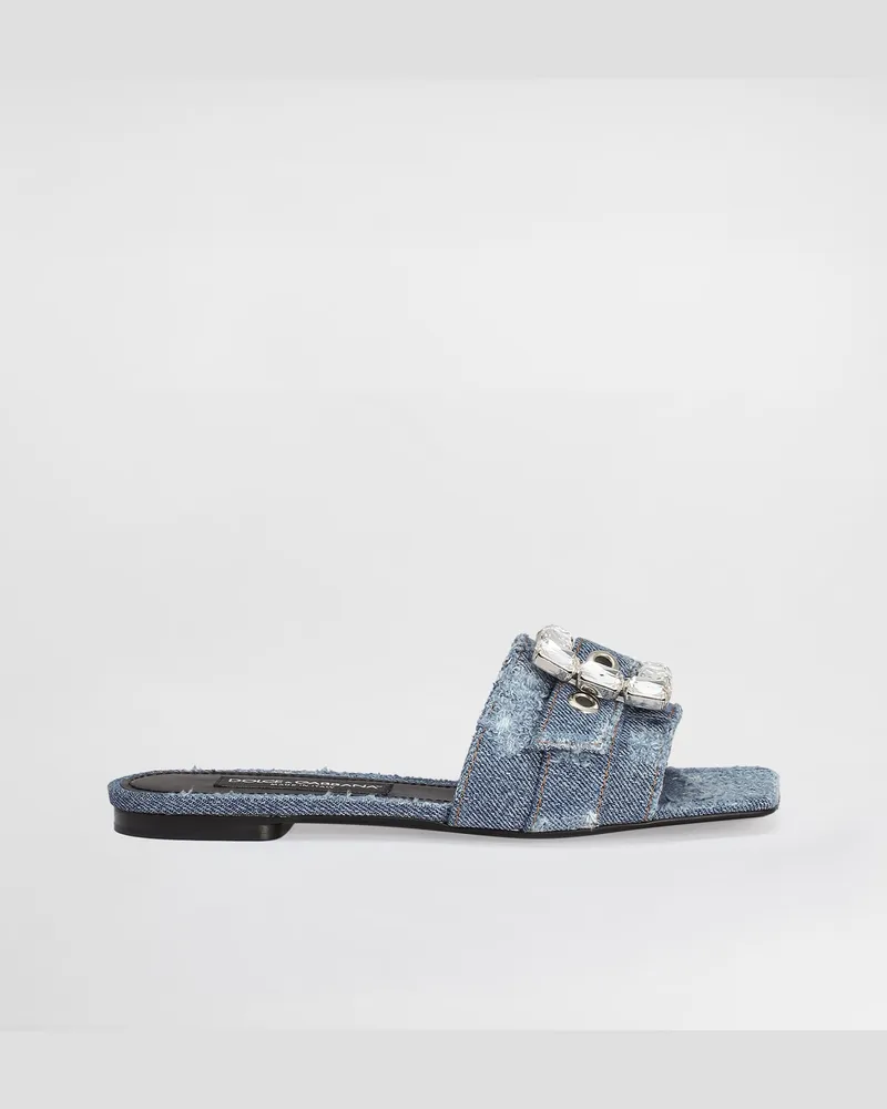 Dolce & Gabbana Pantolette Aus Patchwork-denim Mit Strassschnalle - Frau Pantoletten Und Mules Blau Denim Blau