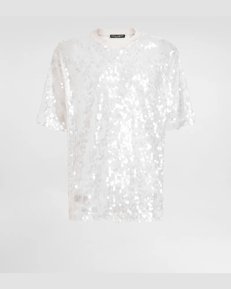 Dolce & Gabbana Pailletten-t-shirt Mit Rundhalsausschnitt - Mann T-shirts Und Polos Wei� Pailletten Weiss