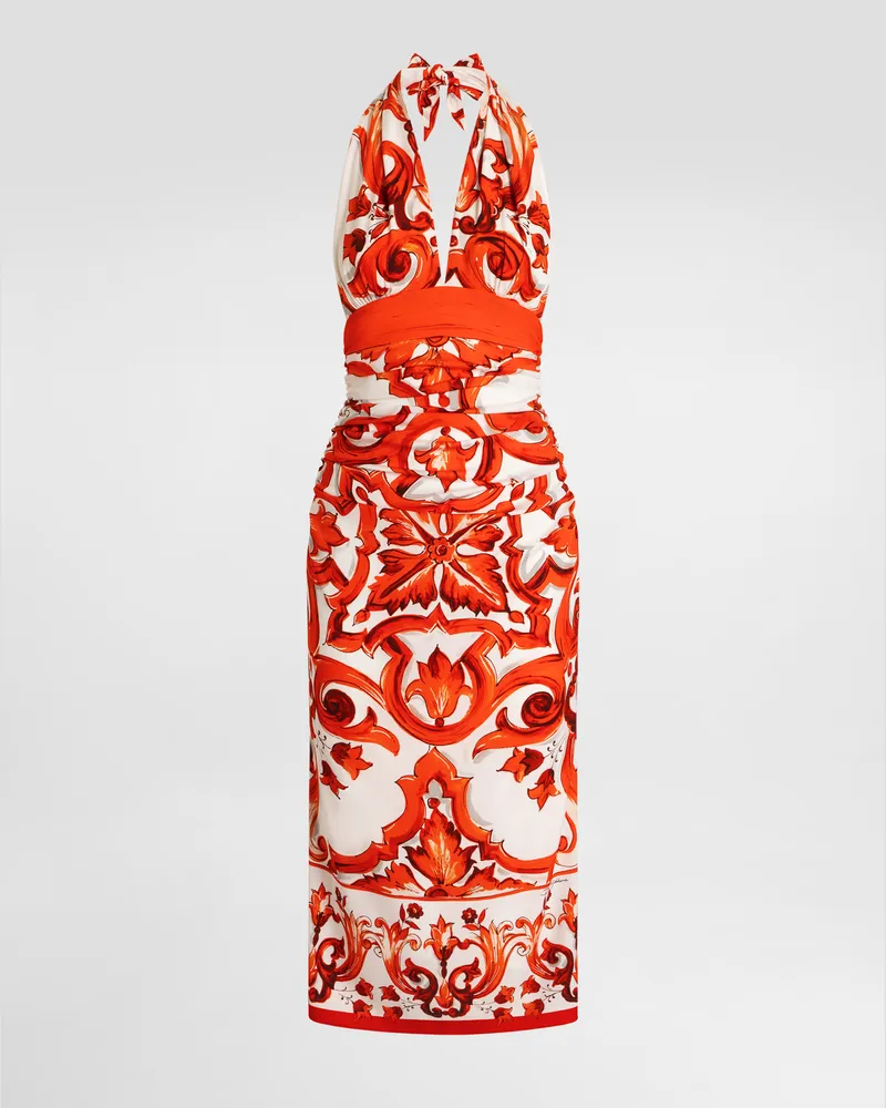 Dolce & Gabbana Langes Kleid Aus Charmeuse Mit Majolika-print - Frau Kleider Mehrfarbig Mehrfarbig