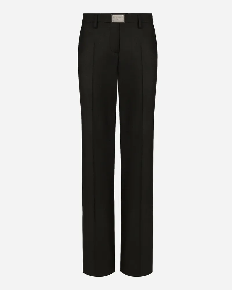 Dolce & Gabbana Ausgestellte Hose Aus Flanell Mit Logoplakette - Frau Hosen Und Shorts Schwarz Wolle Schwarz