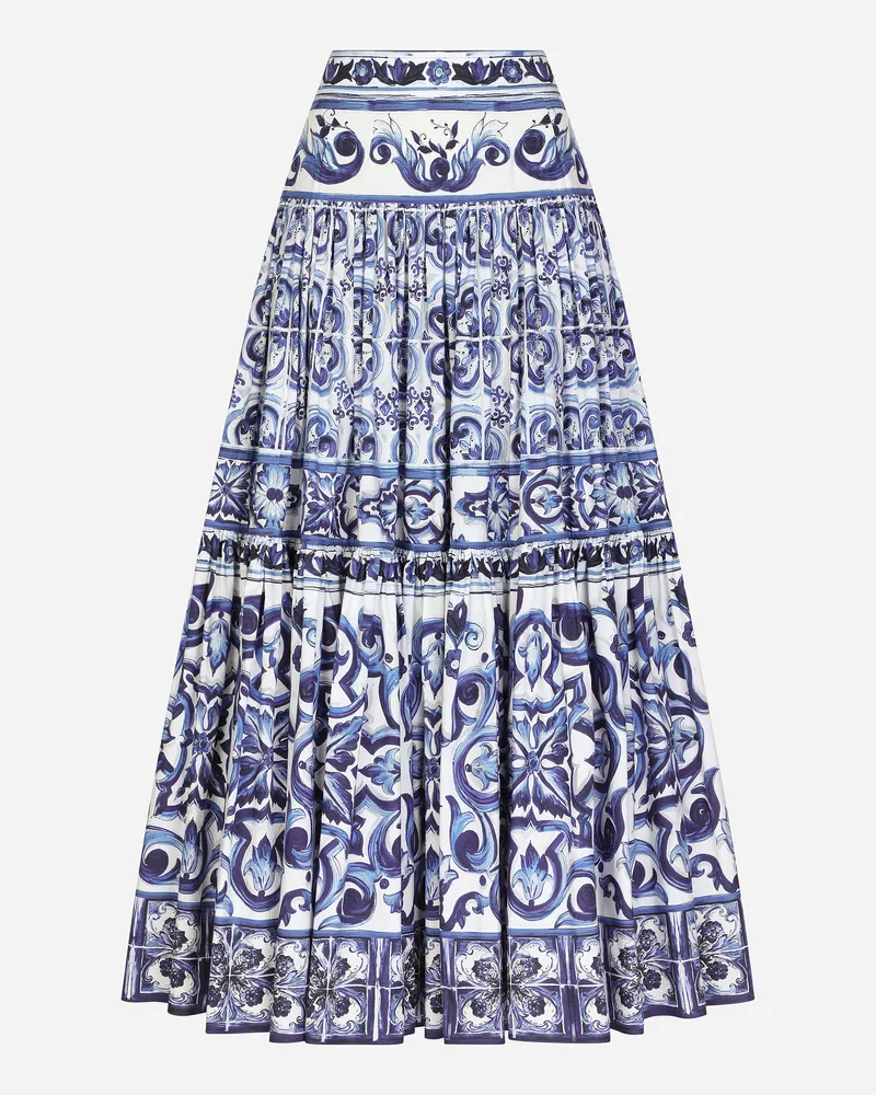 Dolce & Gabbana Langer Rock Aus Popeline Majolika-print - Frau Röcke Blau Baumwolle Mehrfarbig