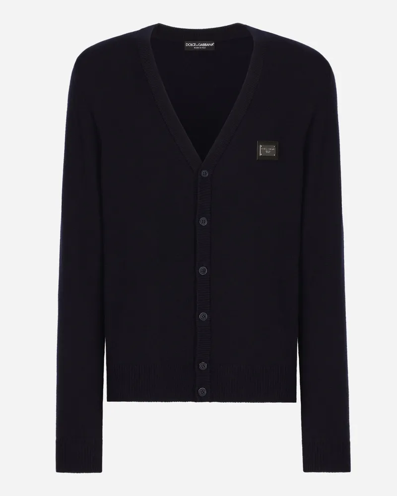 Dolce & Gabbana Cardigan Aus Wolle Und Kaschmir Mit Logoplakette - Mann Strickwaren Blau Wolle Blau