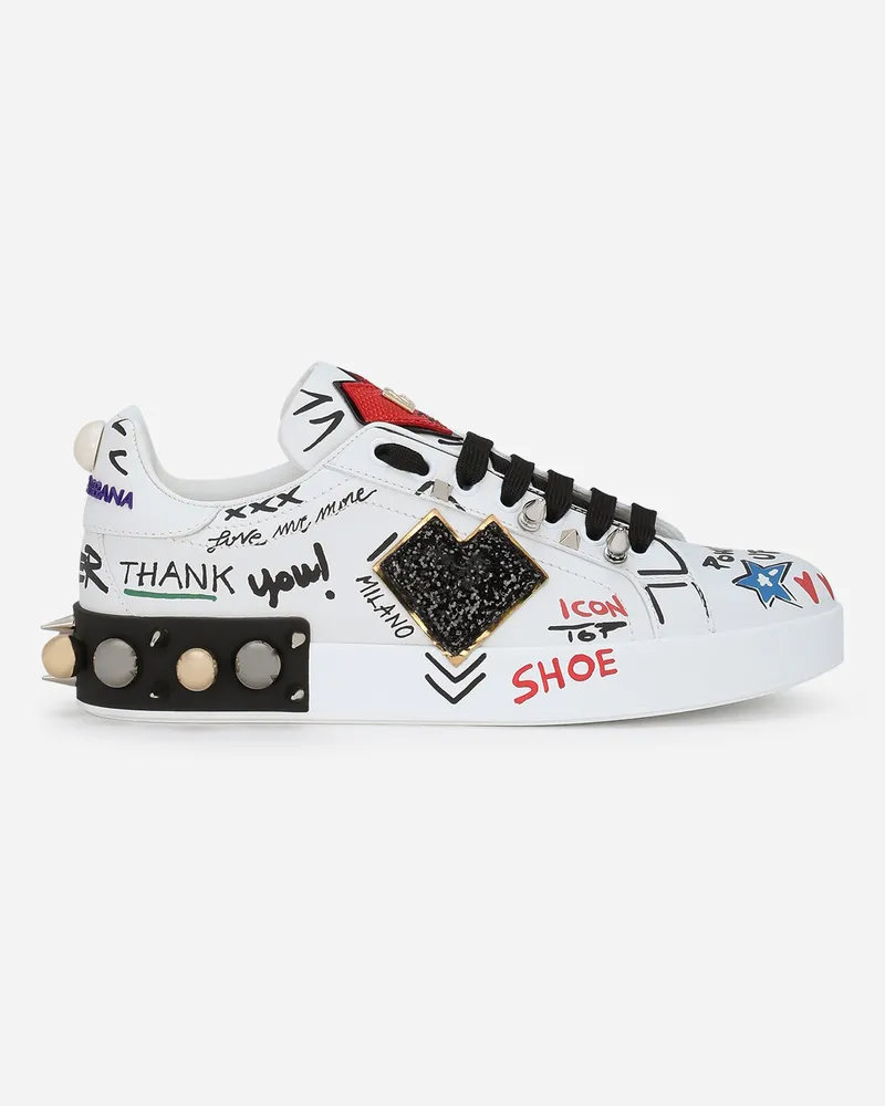 Dolce & Gabbana Sneaker Portofino Aus Bedrucktem Kalbsleder Mit Patch - Frau Sneakers Wei� Leder Mehrfarbig