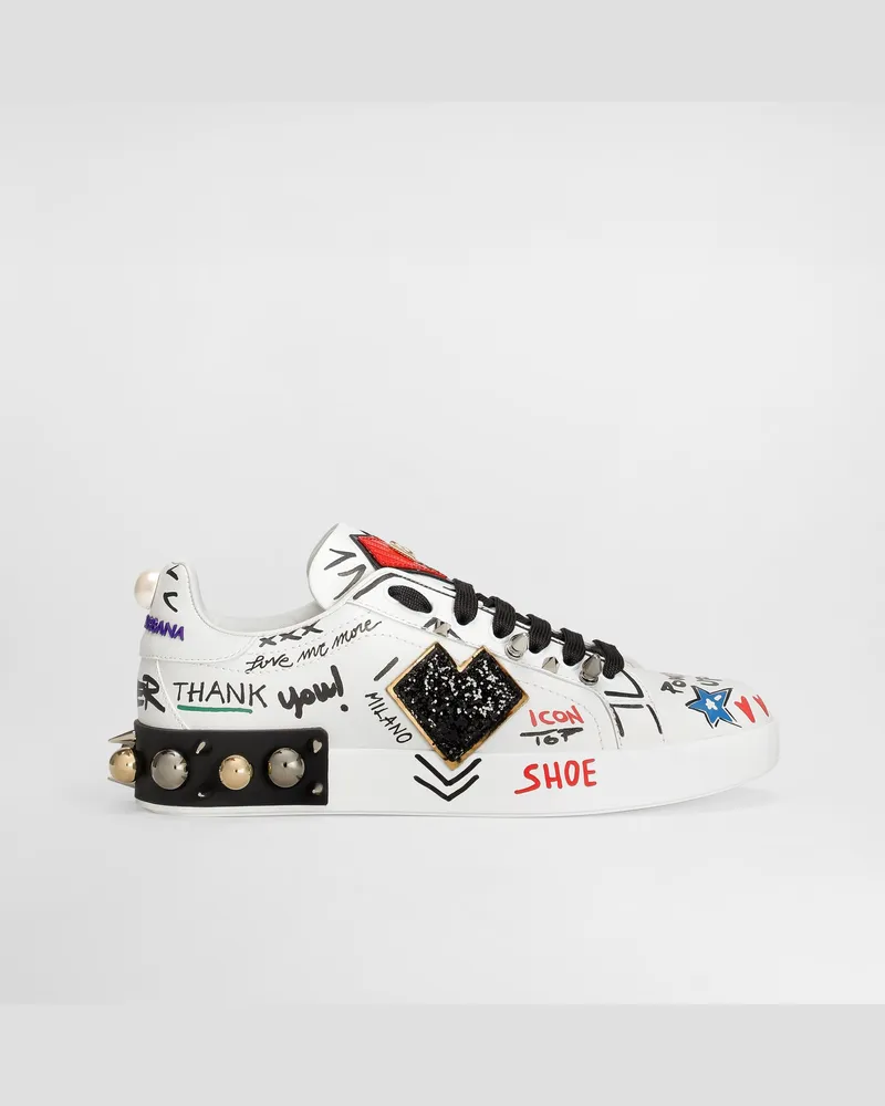 Dolce & Gabbana Sneaker Portofino Aus Bedrucktem Kalbsleder Mit Patch - Frau Sneakers Wei� Leder Mehrfarbig