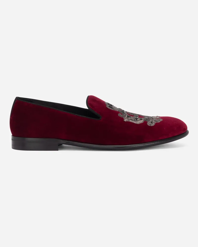Dolce & Gabbana Velvet Slippers With Coat Of Arms Embroidery - Mann Driver Und Mokassins Burgunderrot Samt Burgunderrot