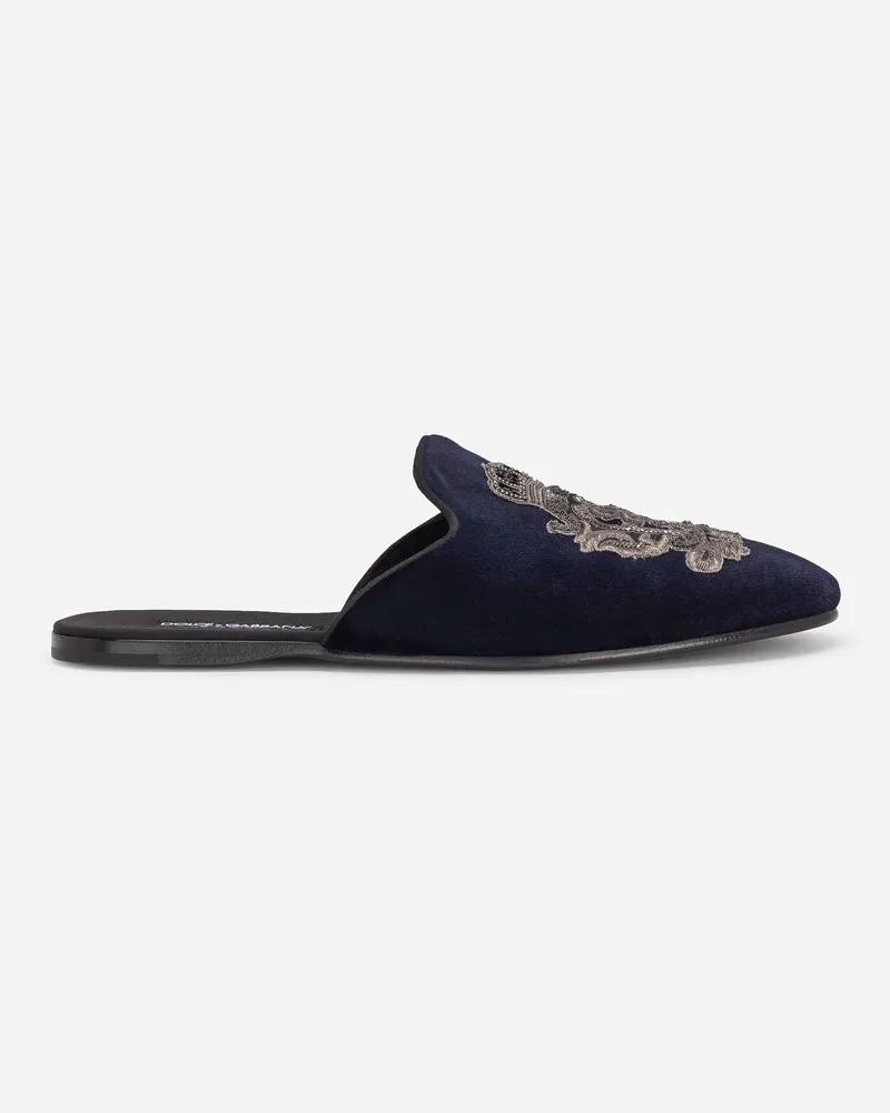 Dolce & Gabbana Velvet Slippers With Coat Of Arms Embroidery - Mann Sandalen Und Slides Blau Samt Blau