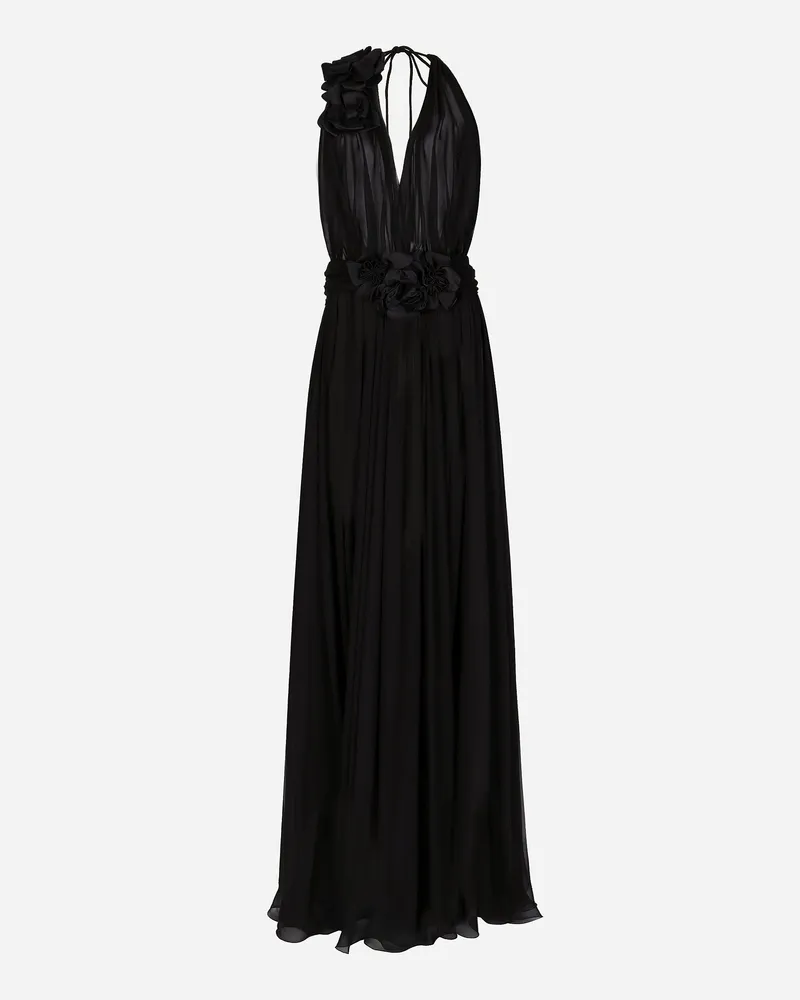 Dolce & Gabbana Langes Kleid Aus Seidenchiffon Mit Blumenapplikationen - Frau Kleider Schwarz Seide Schwarz