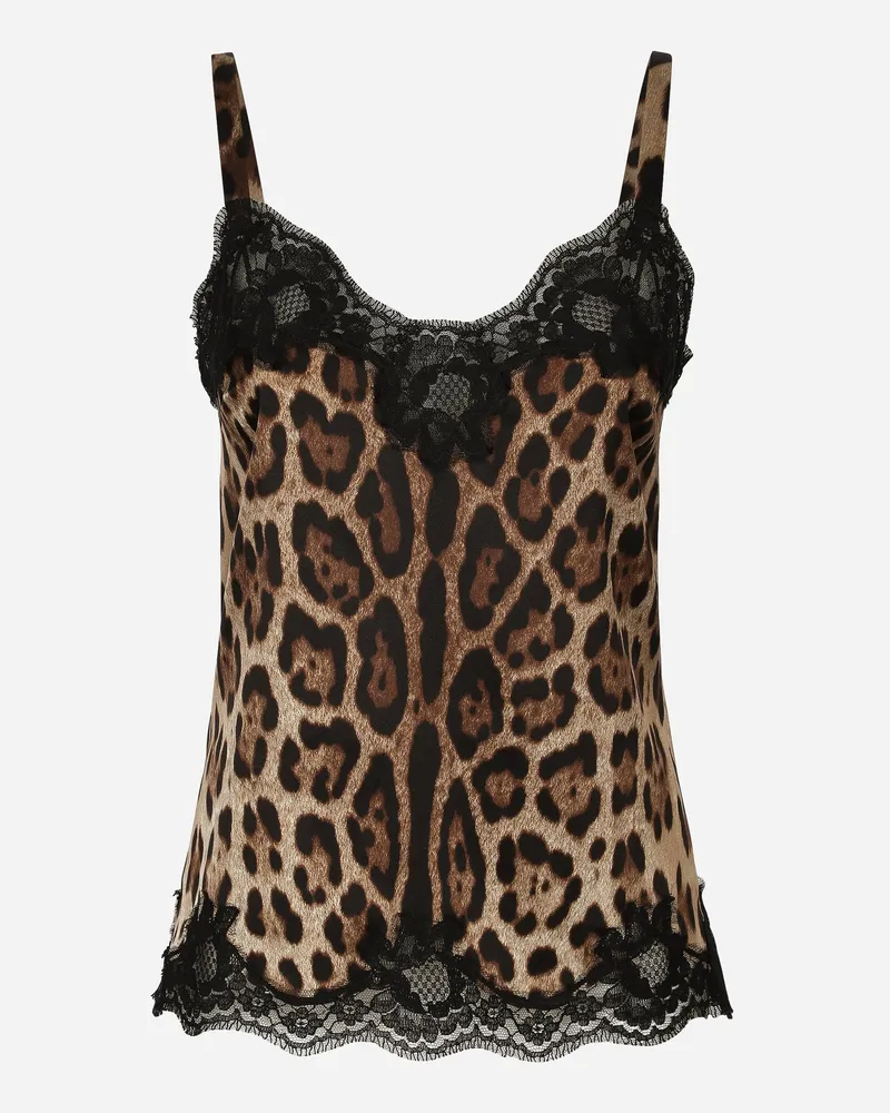 Dolce & Gabbana Slip Top Aus Satin Leoprint Mit Spitze - Frau Blusen Und Tops Animalprint Satin Mehrfarbig