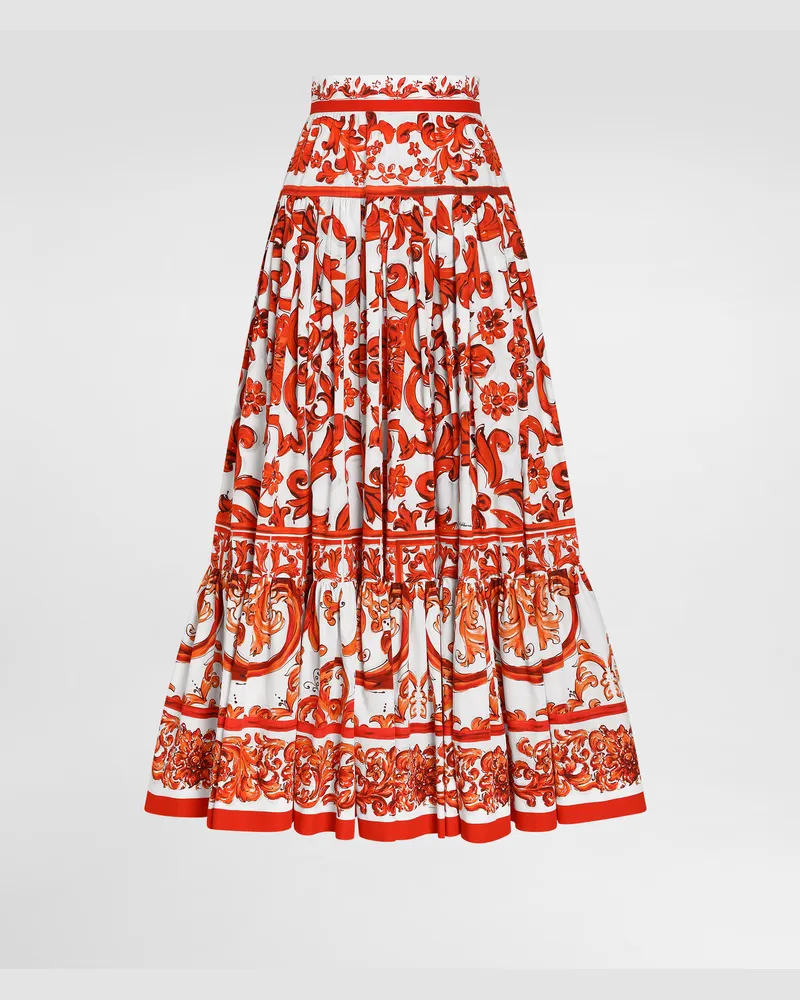 Dolce & Gabbana Langer Rock Aus Popeline Mit Majolika-print - Frau Collection Mehrfarbig Mehrfarbig