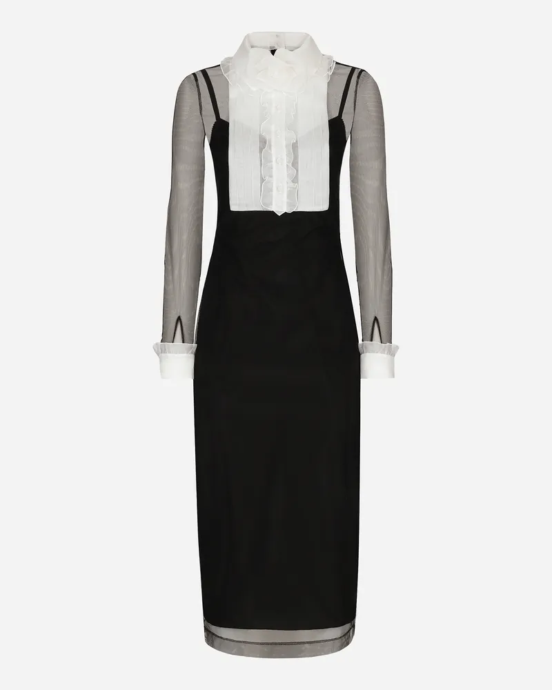 Dolce & Gabbana Longuette-kleid Aus Tüll Mit Plastron Aus Organza - Frau Kleider Schwarz Black
