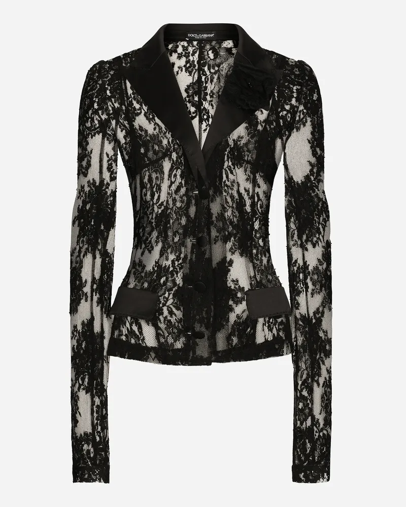 Dolce & Gabbana Jacke Aus Floraler Spitze Mit Details Aus Satin - Frau Blazer Schwarz Spitze Black