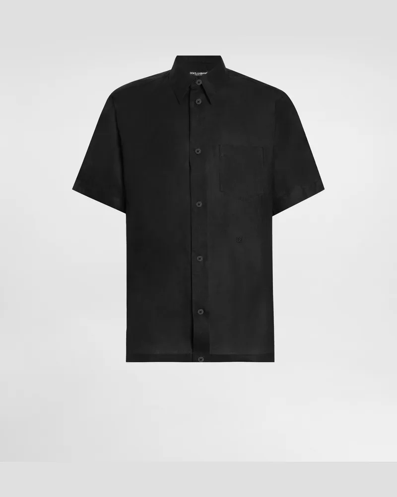 Dolce & Gabbana Linen Canvas Shirt With Dg Embroidery - Mann Hemden Schwarz Leinen Black