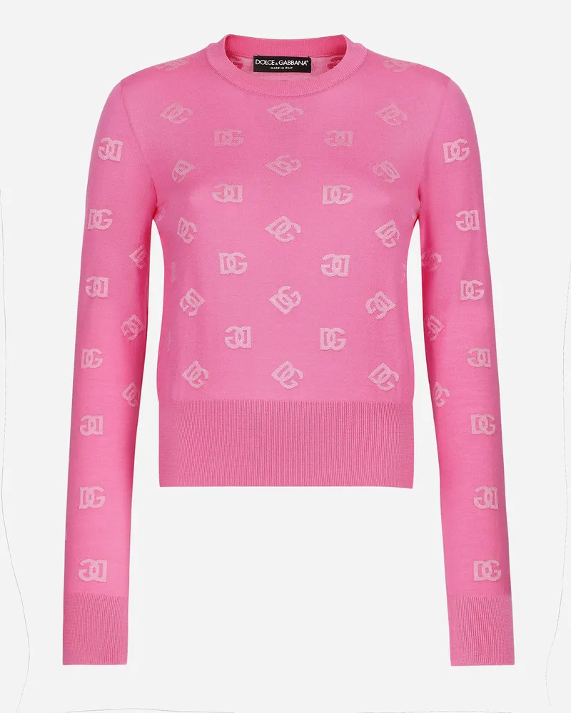 Dolce & Gabbana Jacquardpullover Aus Wolle Und Seide Mit Farblich Abgestimmtem Dg-logo - Frau Strickwaren Fuchsia Fuchsia