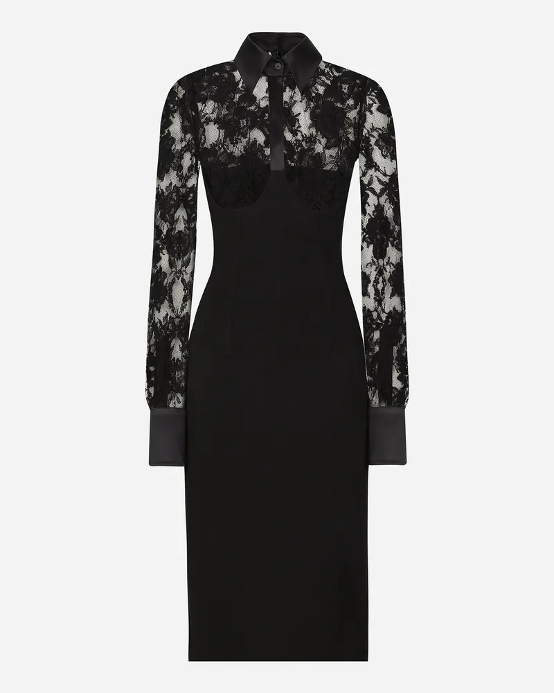 Dolce & Gabbana Longuette-kleid Aus Jersey Und Spitze Mit Bustier-details - Frau Kleider Schwarz Schwarz