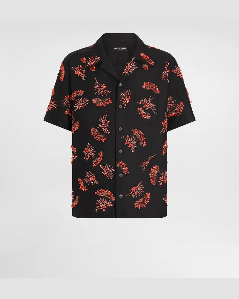 Dolce & Gabbana Kurzarmhemd Aus Baumwolle Mit Korallenstickerei - Mann Hemden Schwarz Baumwolle Schwarz