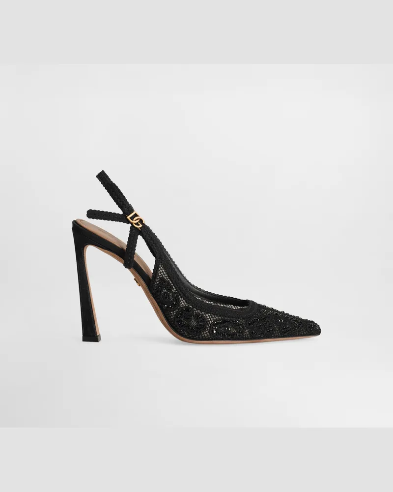 Dolce & Gabbana Slingback Aus Spitze Mit Leopardenmuster Und Hotfix-strass - Frau Pumps Und Slingbacks Schwarz Schwarz