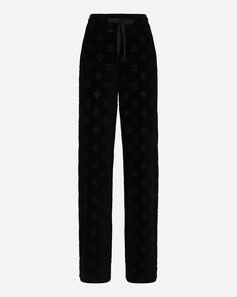 Dolce & Gabbana Hose Aus Beflocktem Jersey Mit Dg-logo Allover - Frau Hosen Und Shorts Schwarz Baumwolle Schwarz